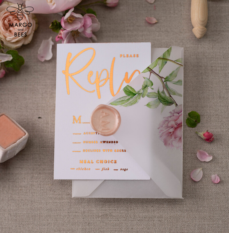 Introducing Our Exquisite Collection: Luxury Gold Foil Wedding Cards with Elegant Peony Motifs and Glamourous Golden Shine. Discover the Bespoke Vellum Wedding Invitation Suite with a Delicate Bow Detail.-3