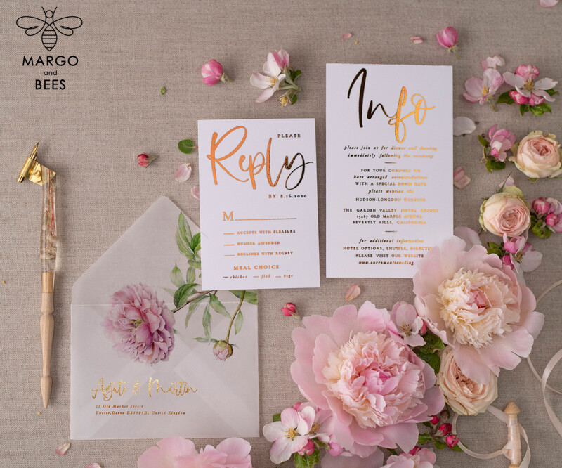 Introducing Our Exquisite Collection: Luxury Gold Foil Wedding Cards with Elegant Peony Motifs and Glamourous Golden Shine. Discover the Bespoke Vellum Wedding Invitation Suite with a Delicate Bow Detail.-6