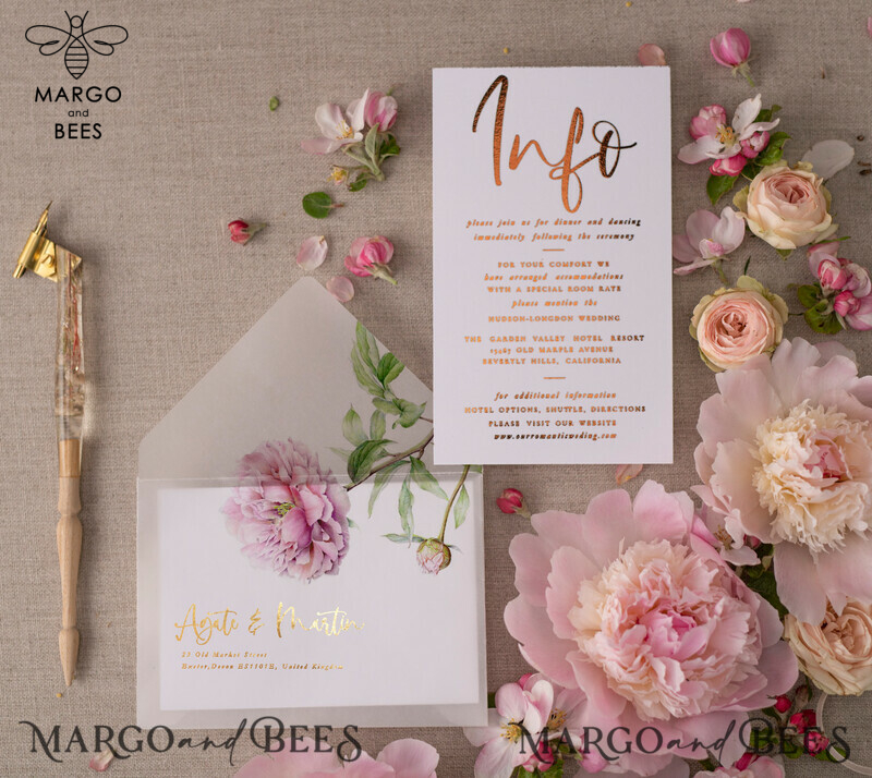 Introducing Our Exquisite Collection: Luxury Gold Foil Wedding Cards with Elegant Peony Motifs and Glamourous Golden Shine. Discover the Bespoke Vellum Wedding Invitation Suite with a Delicate Bow Detail.-7