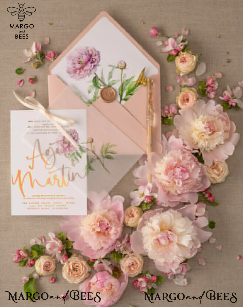 Introducing Our Exquisite Collection: Luxury Gold Foil Wedding Cards with Elegant Peony Motifs and Glamourous Golden Shine. Discover the Bespoke Vellum Wedding Invitation Suite with a Delicate Bow Detail.-8
