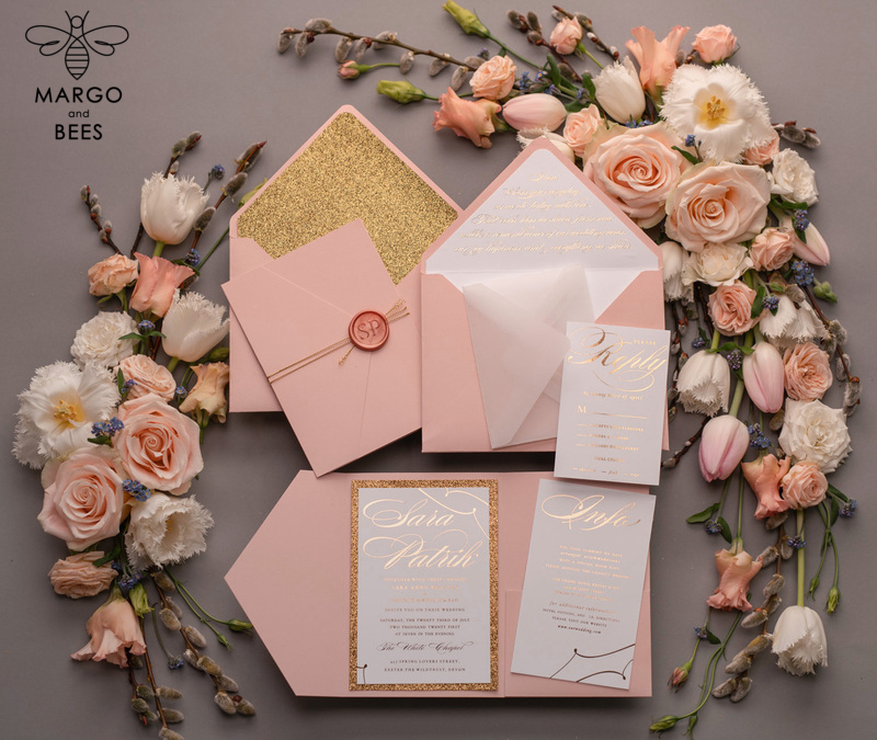 Handmade wedding invitations elegant gold blush colour theme  -10