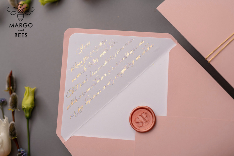 Handmade wedding invitations elegant gold blush colour theme  -12