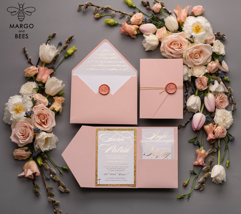 Handmade wedding invitations elegant gold blush colour theme  -13