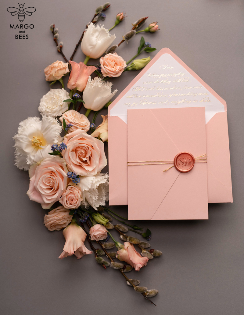 Handmade wedding invitations elegant gold blush colour theme  -14