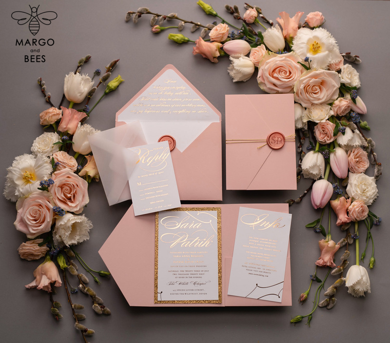 Handmade wedding invitations elegant gold blush colour theme  -15