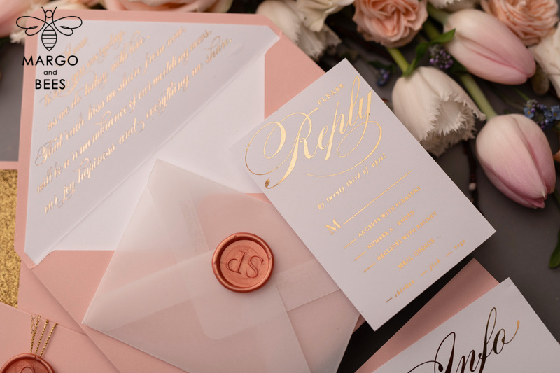 Handmade wedding invitations elegant gold blush colour theme  -17