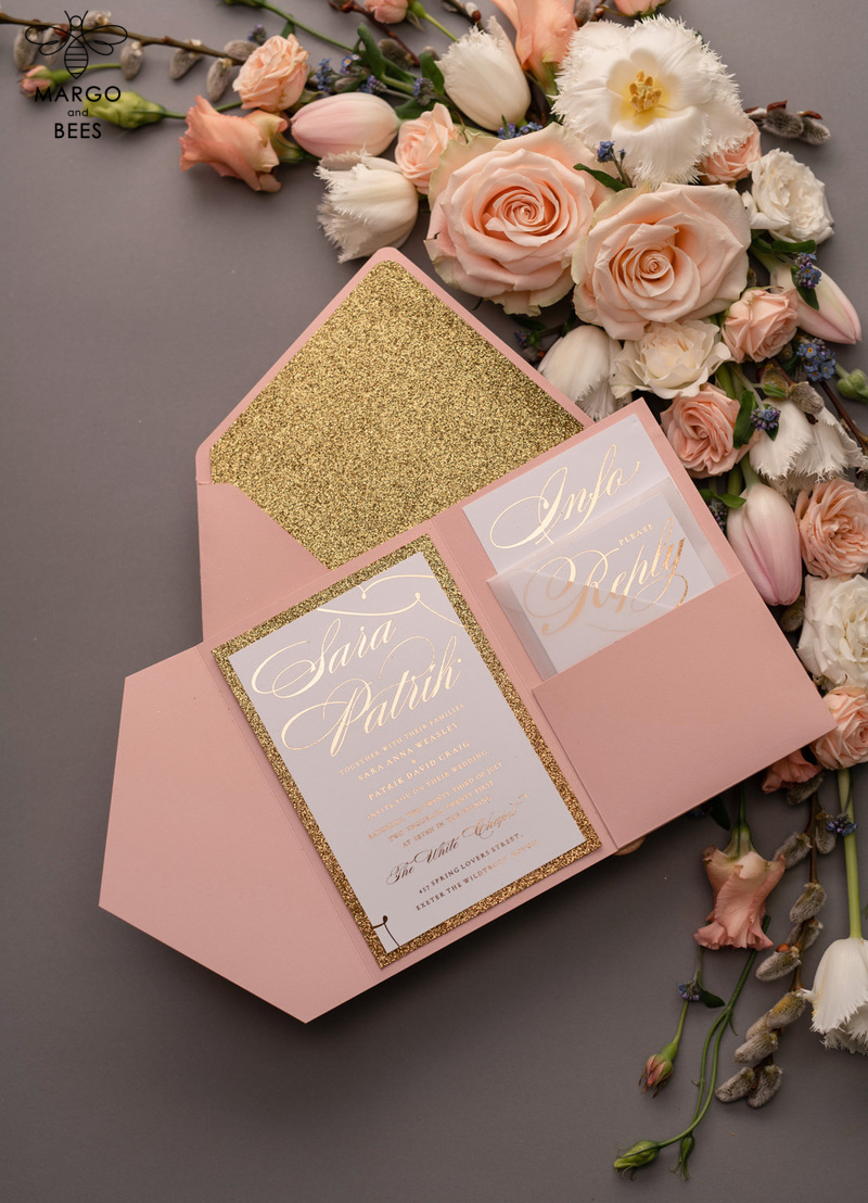 Handmade wedding invitations elegant gold blush colour theme  -19