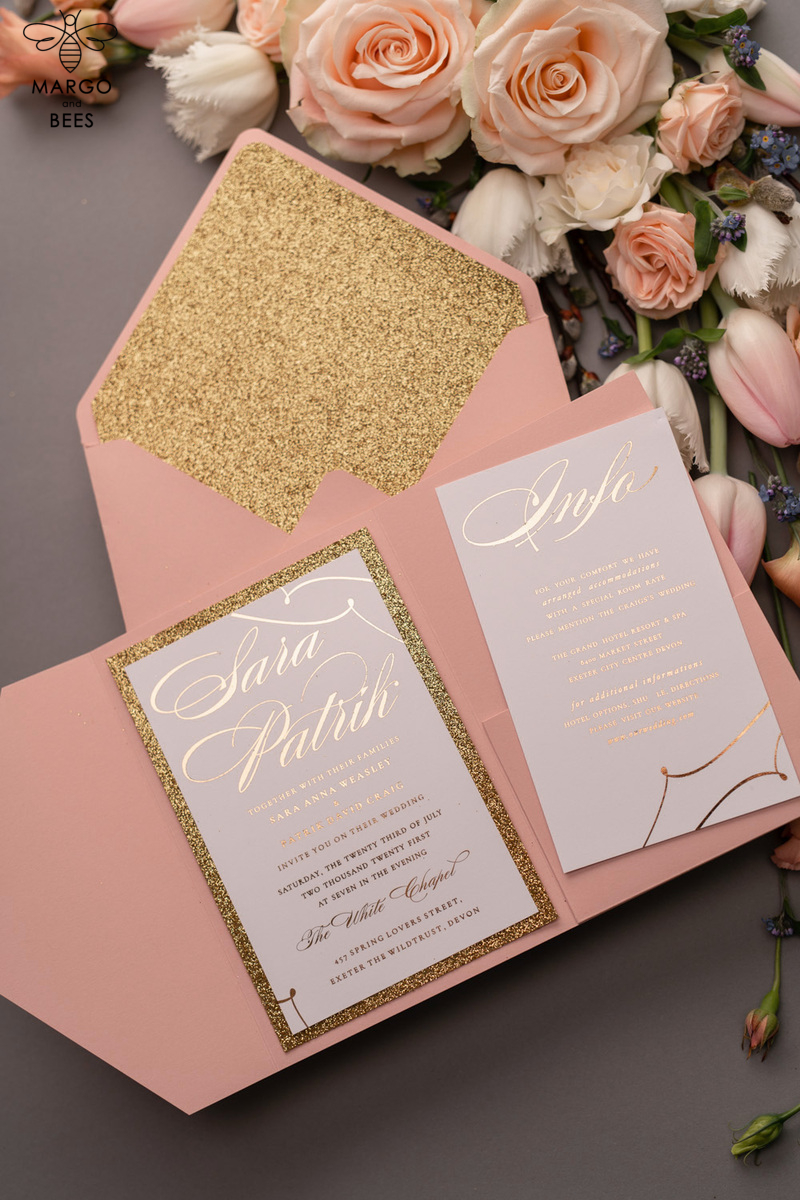 Handmade wedding invitations elegant gold blush colour theme  -3