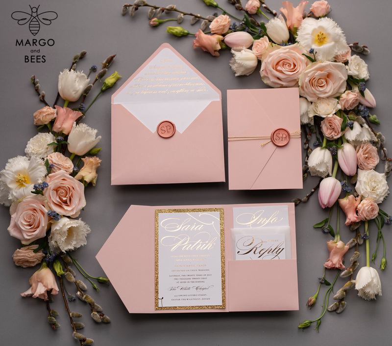 Handmade wedding invitations elegant gold blush colour theme  -4