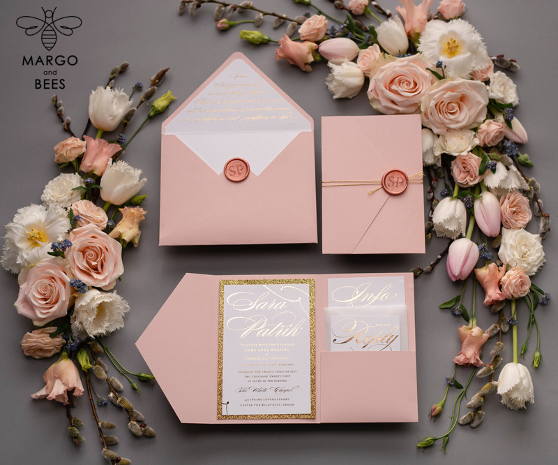Handmade wedding invitations elegant gold blush colour theme  -5