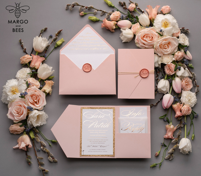 Handmade wedding invitations elegant gold blush colour theme  -7