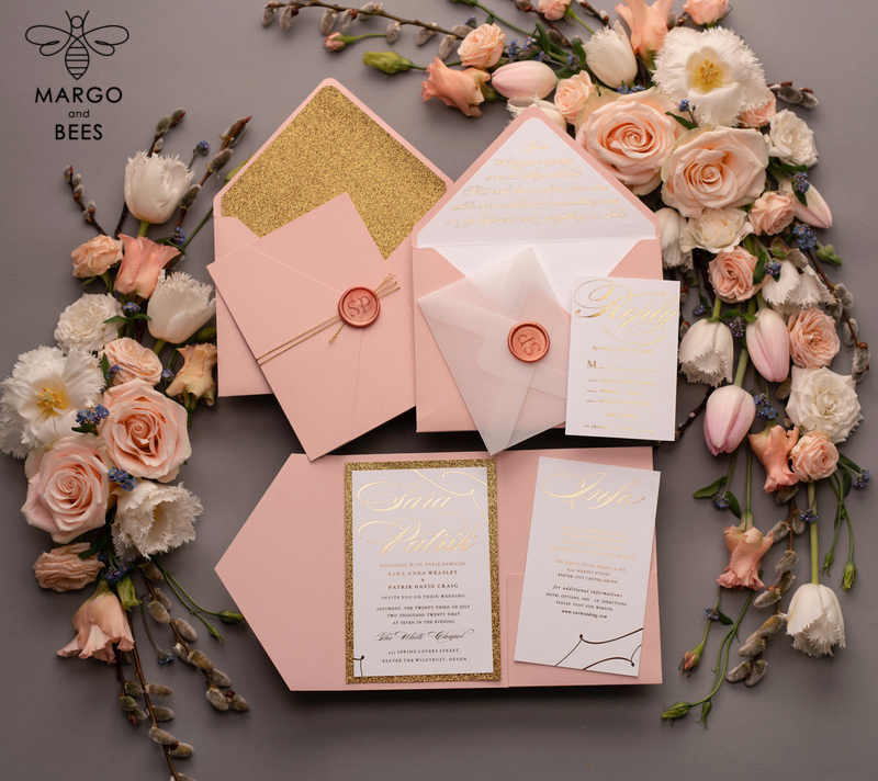 Handmade wedding invitations elegant gold blush colour theme  -8
