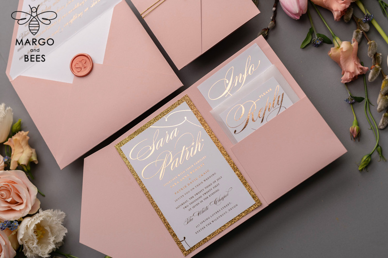 Handmade wedding invitations elegant gold blush colour theme  -9