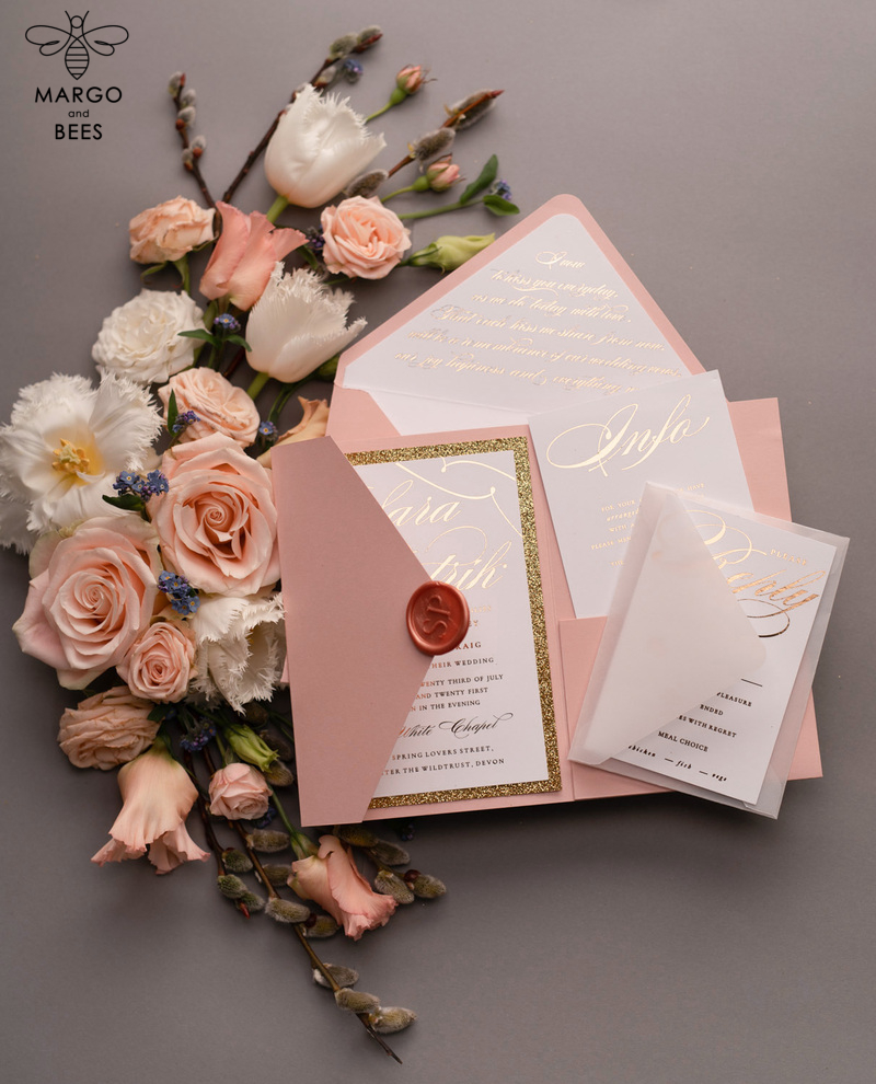 Handmade wedding invitations elegant gold blush colour theme  -0