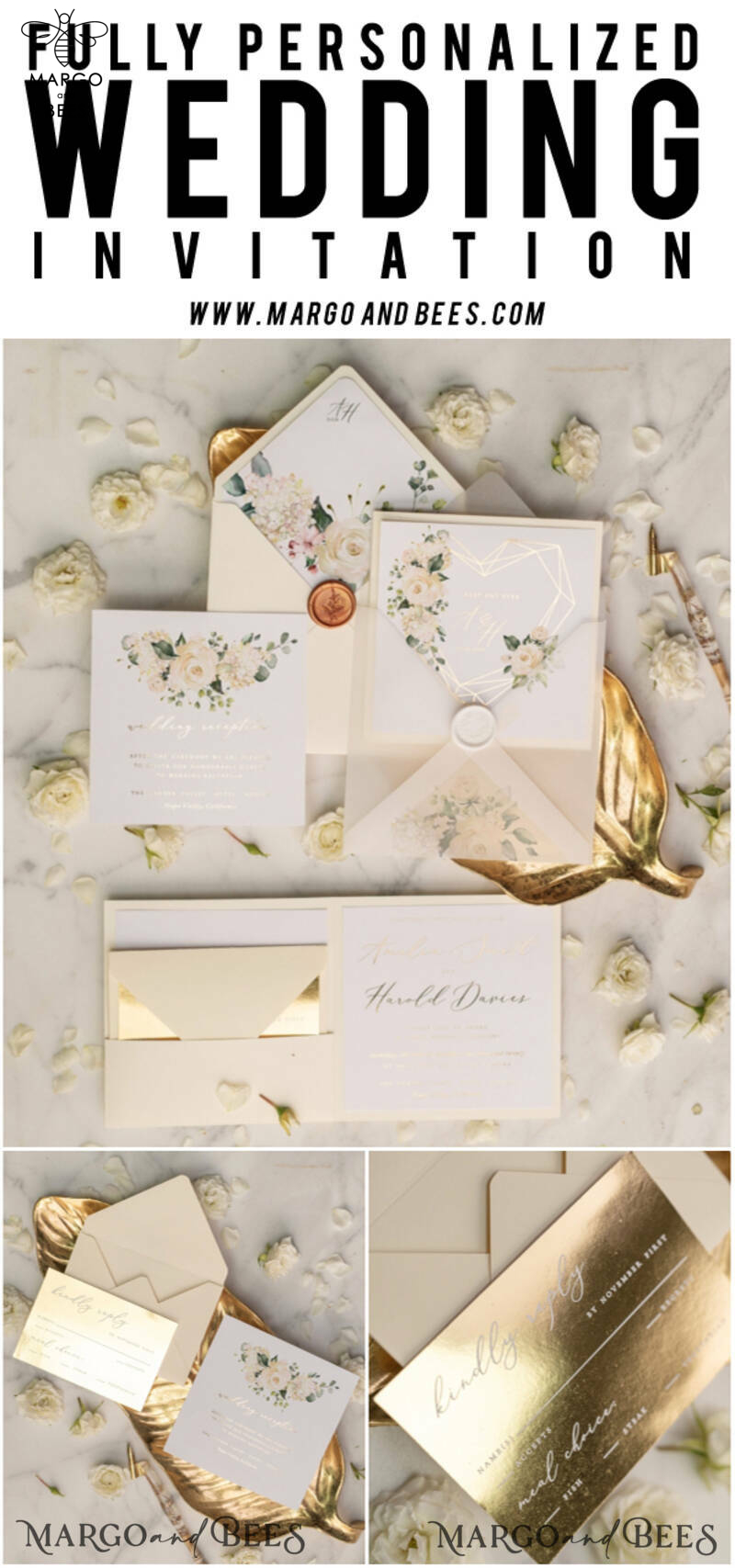 Luxory gold Wedding Invitations,  Ecru Roses Elegant Wedding Stationery,  Ivory Elegant Wedding Invitations Suite-11