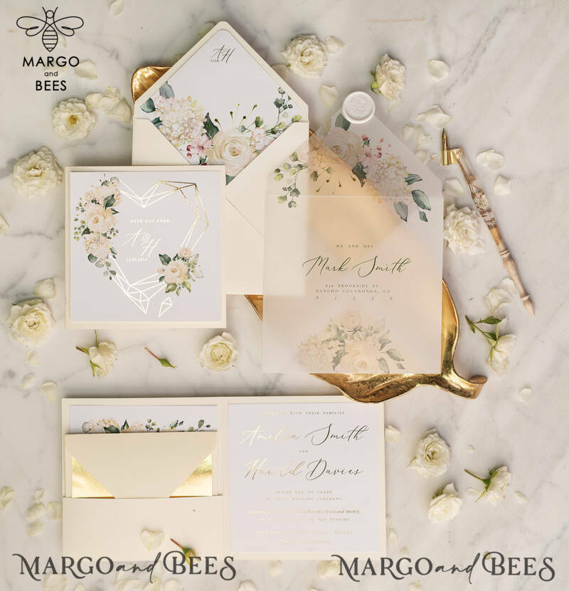 Luxory gold Wedding Invitations,  Ecru Roses Elegant Wedding Stationery,  Ivory Elegant Wedding Invitations Suite-4