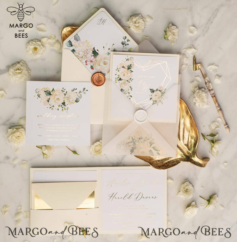Luxory gold Wedding Invitations,  Ecru Roses Elegant Wedding Stationery,  Ivory Elegant Wedding Invitations Suite-5