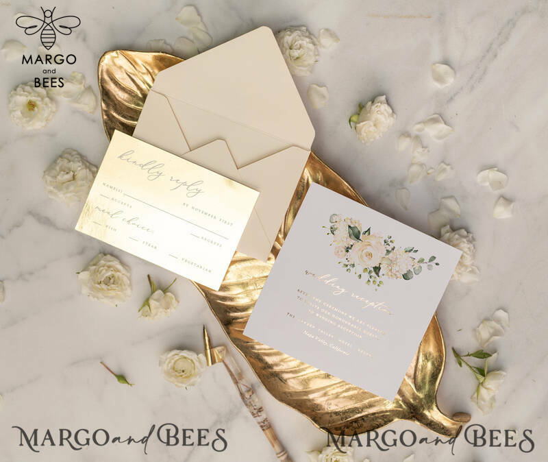 Luxory gold Wedding Invitations,  Ecru Roses Elegant Wedding Stationery,  Ivory Elegant Wedding Invitations Suite-6
