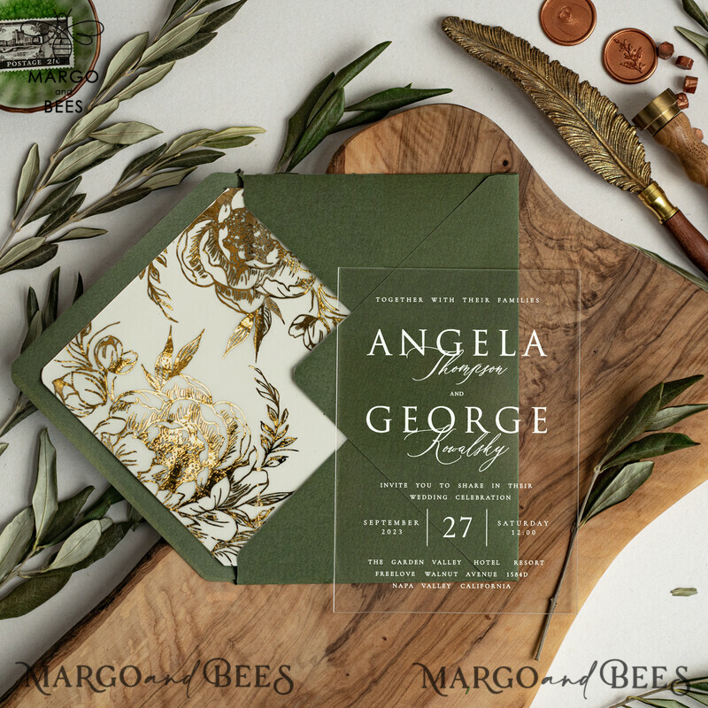 Greece Olive Branch Wedding Invitation, Acrylic olive green wedding invitation cards, Gold Wedding Invites-1