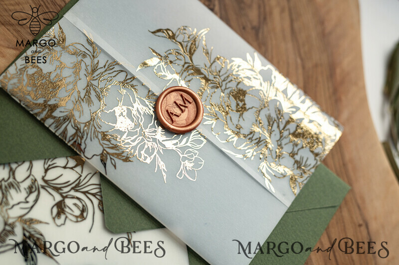 Greece Olive Branch Wedding Invitation, Acrylic olive green wedding invitation cards, Gold Wedding Invites-2