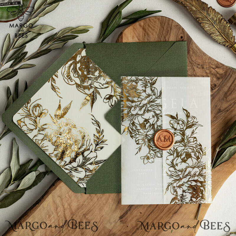 Greece Olive Branch Wedding Invitation, Acrylic olive green wedding invitation cards, Gold Wedding Invites-4
