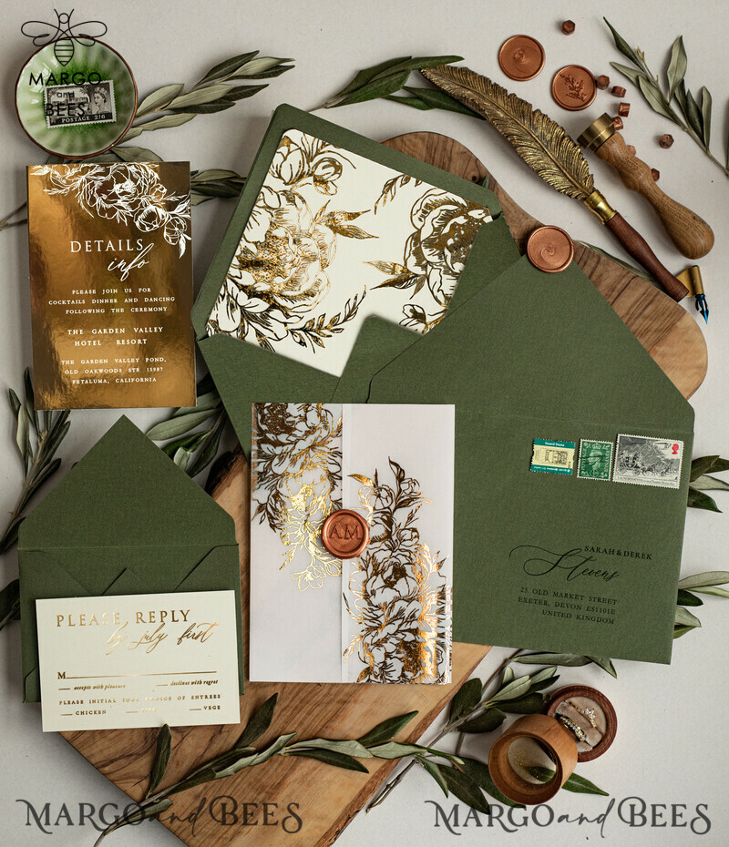 Greece Olive Branch Wedding Invitation, Acrylic olive green wedding invitation cards, Gold Wedding Invites-5