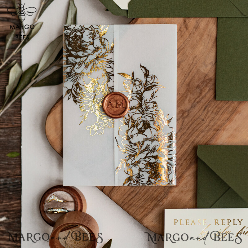 Greece Olive Branch Wedding Invitation, Acrylic olive green wedding invitation cards, Gold Wedding Invites-6