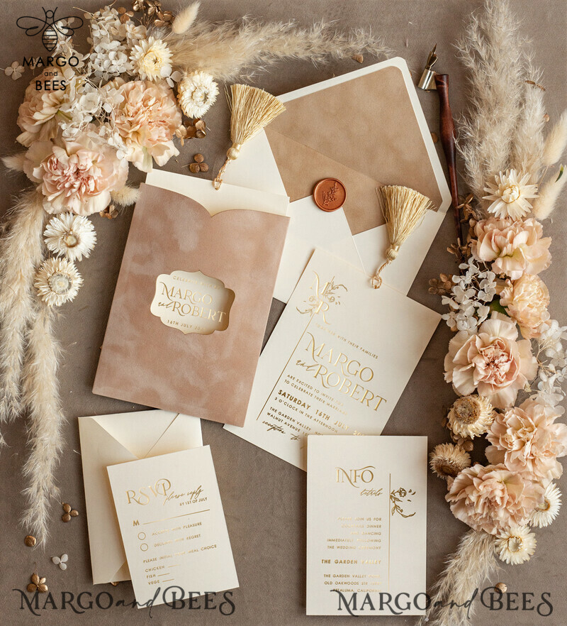 Luxury Wedding Invitations with Elegant Gold Tassel and Custom Velvet Cream Pocket-0
