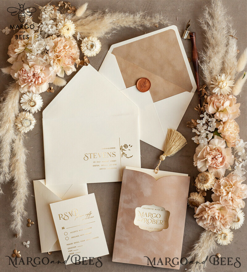 Luxury Wedding Invitations with Elegant Gold Tassel and Custom Velvet Cream Pocket-5