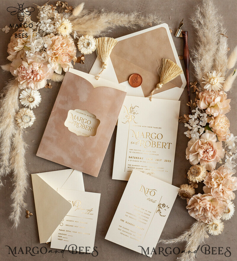 Luxury Wedding Invitations with Elegant Gold Tassel and Custom Velvet Cream Pocket-2