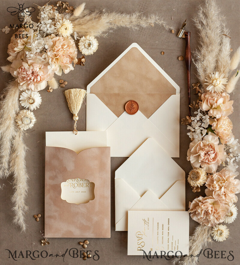 Luxury Wedding Invitations with Elegant Gold Tassel and Custom Velvet Cream Pocket-4