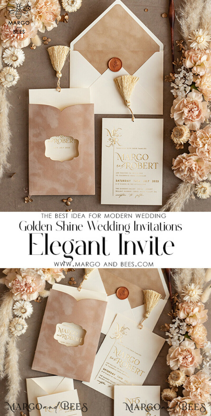 Luxury Wedding Invitations with Elegant Gold Tassel and Custom Velvet Cream Pocket-3