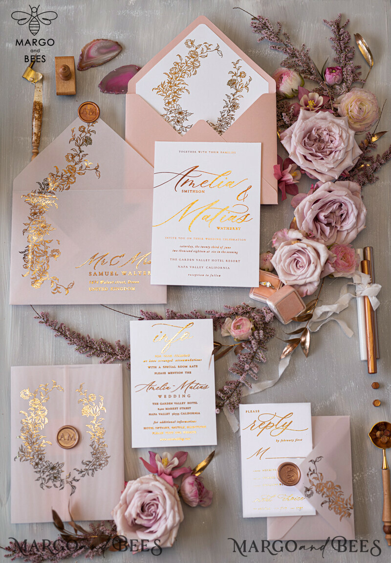 Elegant wedding invitation Suite, blush Pink  Gold Wedding Cards, gold  Floral Romantic Wedding Invites  vellum Wrapping  and wax seal-1