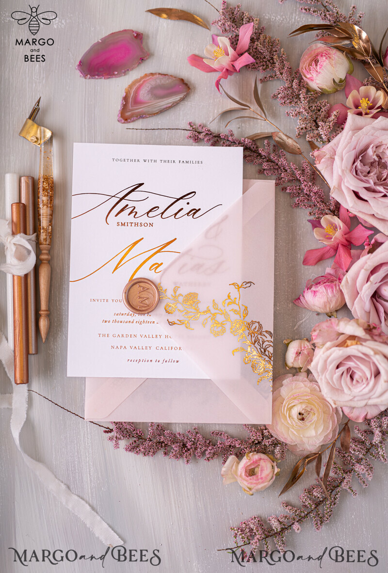 Glamour and Romance: Golden Shine Wedding Invitations with Blush Pink Accents and Luxury Gold Foil Details-10