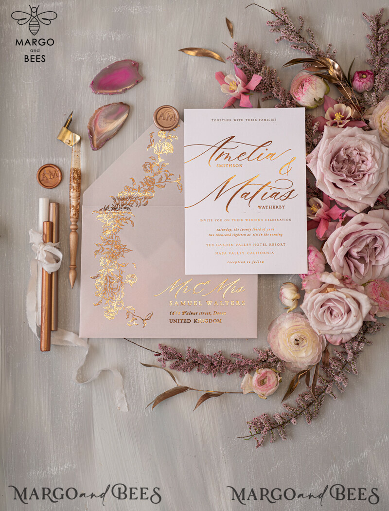 Elegant wedding invitation Suite, blush Pink  Gold Wedding Cards, gold  Floral Romantic Wedding Invites  vellum Wrapping  and wax seal-11