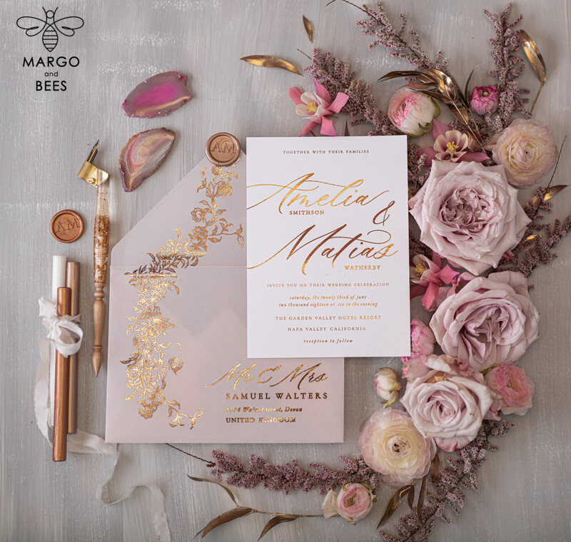 Glamour and Romance: Golden Shine Wedding Invitations with Blush Pink Accents and Luxury Gold Foil Details-12