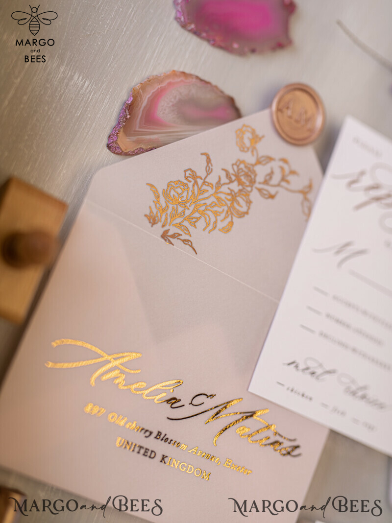 Glamour and Romance: Golden Shine Wedding Invitations with Blush Pink Accents and Luxury Gold Foil Details-13