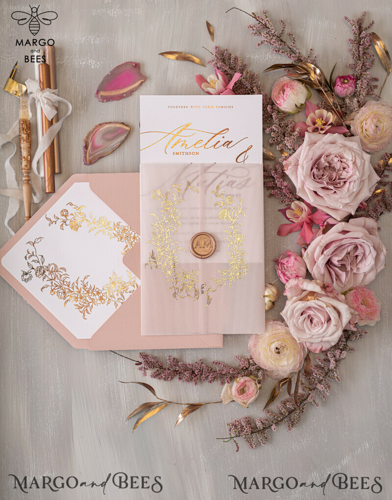 Elegant wedding invitation Suite, blush Pink  Gold Wedding Cards, gold  Floral Romantic Wedding Invites  vellum Wrapping  and wax seal-14