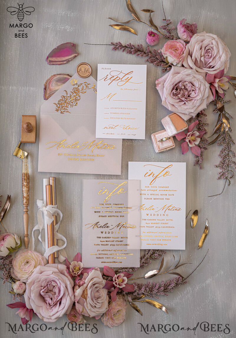 Glamour Golden Shine Wedding Invitations: Elegant White Vellum Invites with Luxury Gold Foil and Romantic Blush Pink Wedding Invitation Suite-2