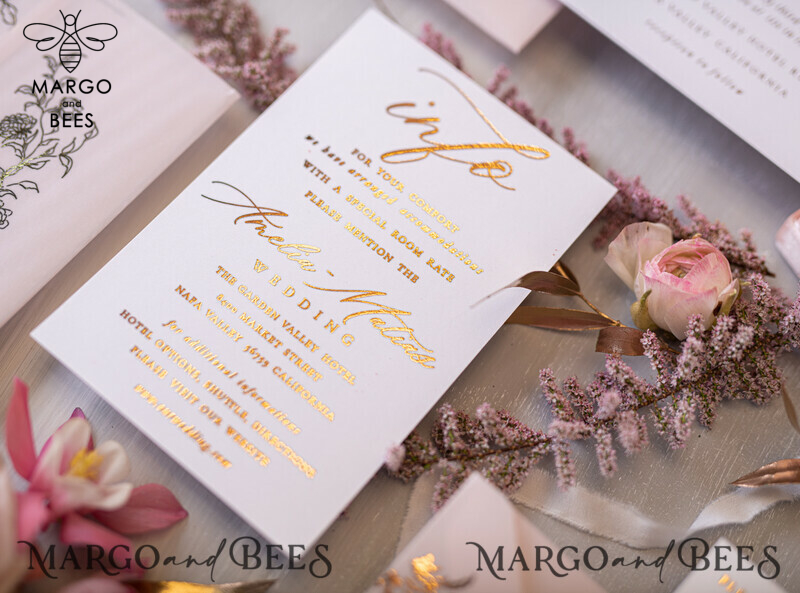 Elegant wedding invitation Suite, blush Pink  Gold Wedding Cards, gold  Floral Romantic Wedding Invites  vellum Wrapping  and wax seal-3