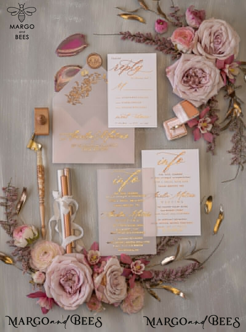 Elegant wedding invitation Suite, blush Pink  Gold Wedding Cards, gold  Floral Romantic Wedding Invites  vellum Wrapping  and wax seal-4