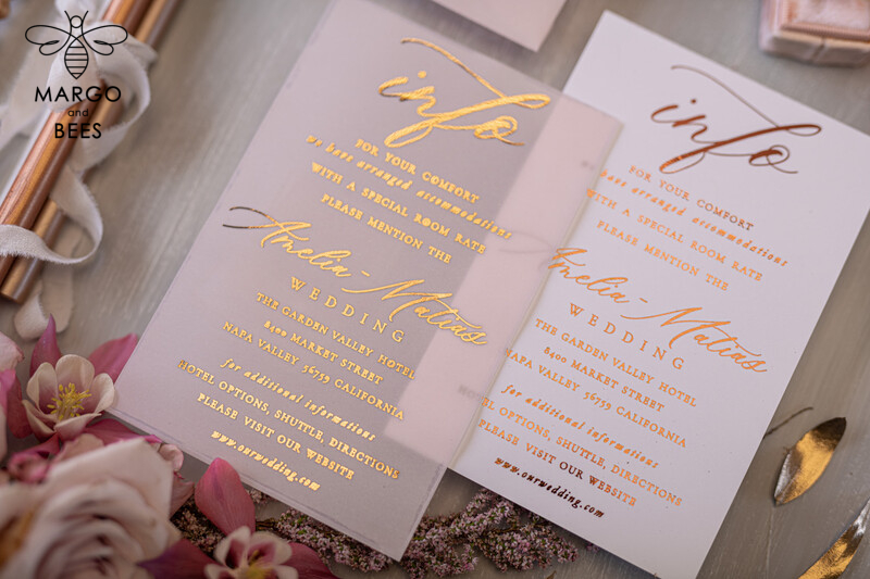 Elegant wedding invitation Suite, blush Pink  Gold Wedding Cards, gold  Floral Romantic Wedding Invites  vellum Wrapping  and wax seal-5