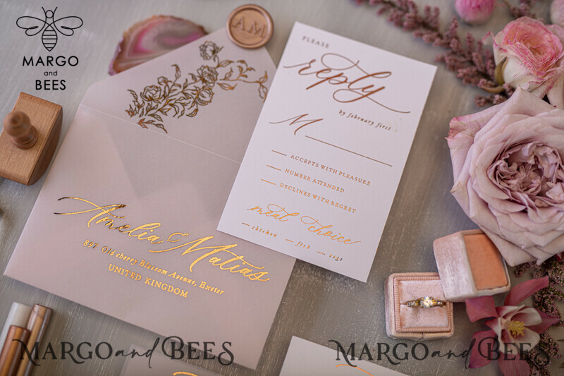 Elegant wedding invitation Suite, blush Pink  Gold Wedding Cards, gold  Floral Romantic Wedding Invites  vellum Wrapping  and wax seal-6