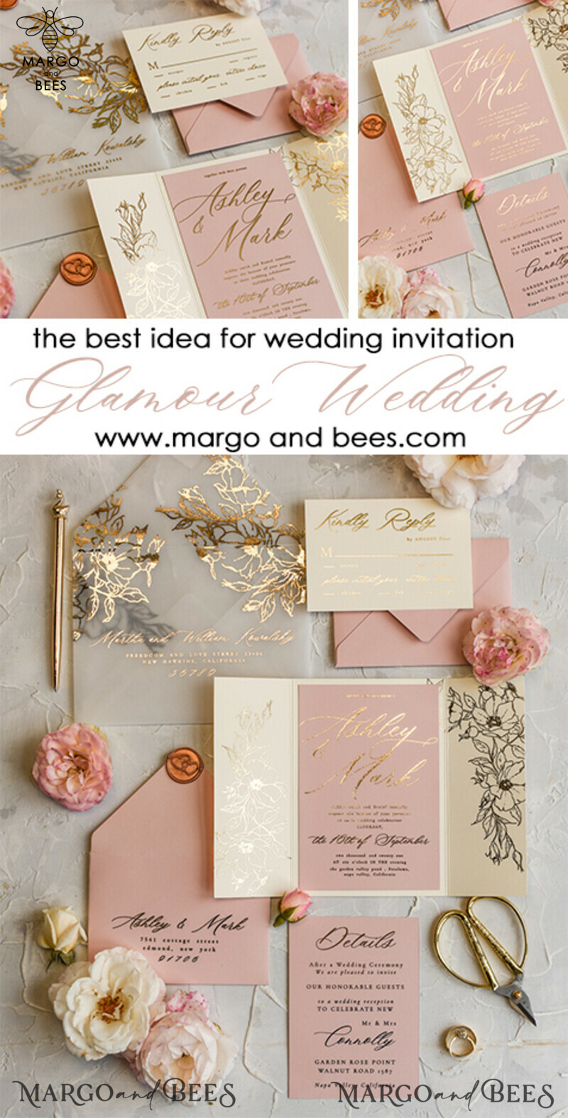 Luxury Gold Foil Wedding Invitations, Elegant Vellum Wedding Cards, Glamour Blush Pink Wedding Invitation Suite, Golden Shine Wedding Stationery-3