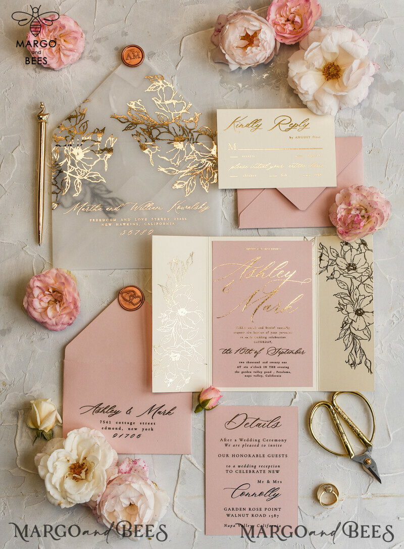 Luxury Gold Foil Wedding Invitations, Elegant Vellum Wedding Cards, Glamour Blush Pink Wedding Invitation Suite, Golden Shine Wedding Stationery-1