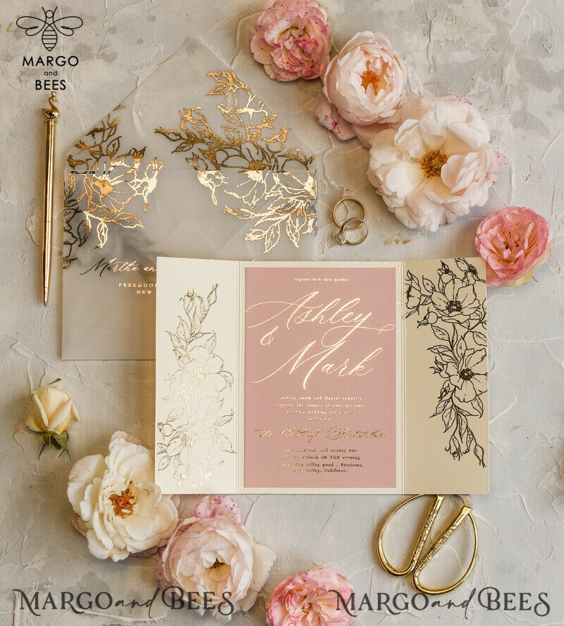 Luxury Gold Foil Wedding Invitations, Elegant Vellum Wedding Cards, Glamour Blush Pink Wedding Invitation Suite, Golden Shine Wedding Stationery-12
