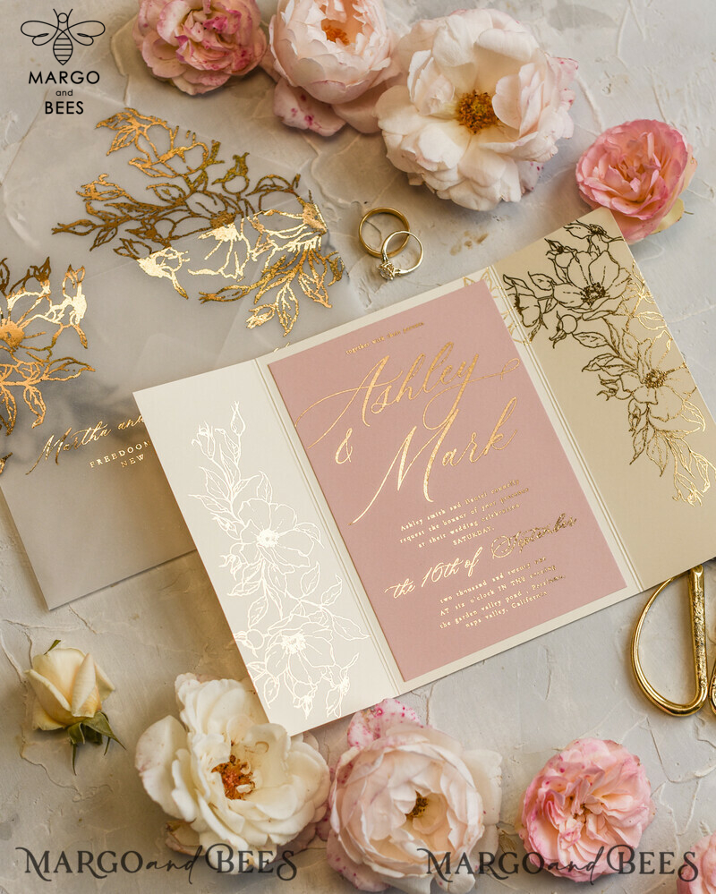 Luxury Gold Foil Wedding Invitations, Elegant Vellum Wedding Cards, Glamour Blush Pink Wedding Invitation Suite, Golden Shine Wedding Stationery-13