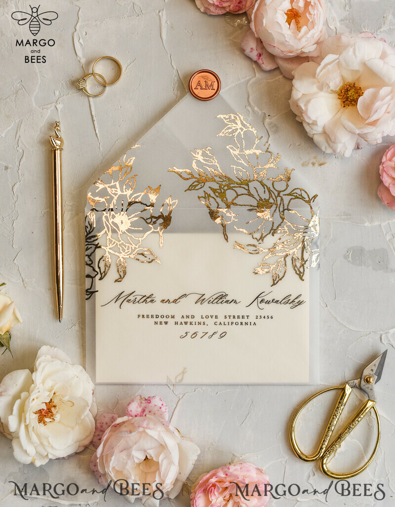 Luxury Gold Foil Wedding Invitations, Elegant Vellum Wedding Cards, Glamour Blush Pink Wedding Invitation Suite, Golden Shine Wedding Stationery-14