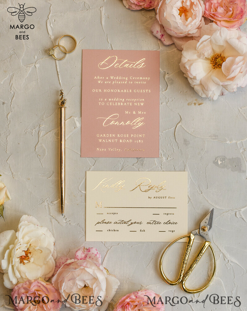Luxury Gold Foil Wedding Invitations, Elegant Vellum Wedding Cards, Glamour Blush Pink Wedding Invitation Suite, Golden Shine Wedding Stationery-16