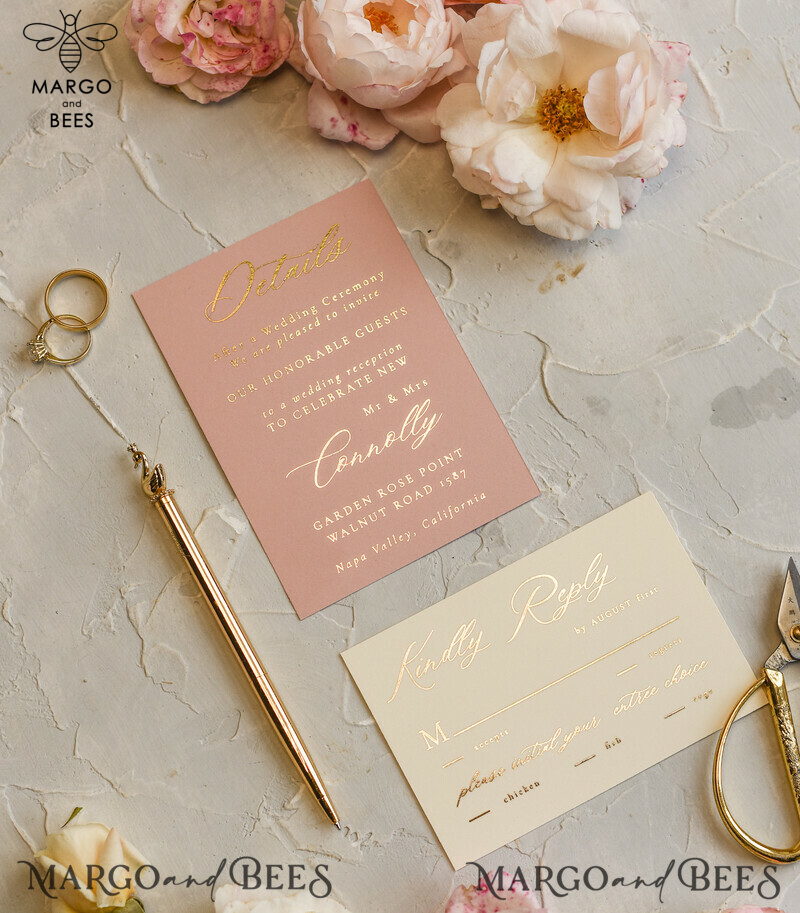 Luxury Gold Foil Wedding Invitations, Elegant Vellum Wedding Cards, Glamour Blush Pink Wedding Invitation Suite, Golden Shine Wedding Stationery-17